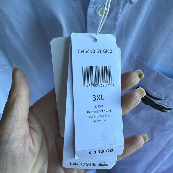 Lacoste NWT Classic Men's Blue Button Down - Oversized Alligator Sz 3XL - Picture 3 of 7